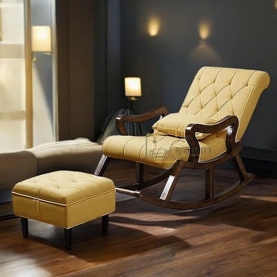 Image of CRAFTCITY Sheesham Wood Elegant Rocking Chair with Pillow and Matching Foot Stool /Living Room Chair /Rose Wood Rocking Chair /Single Seater Sofa with Footrest,Pre-Assembled (Yellow)