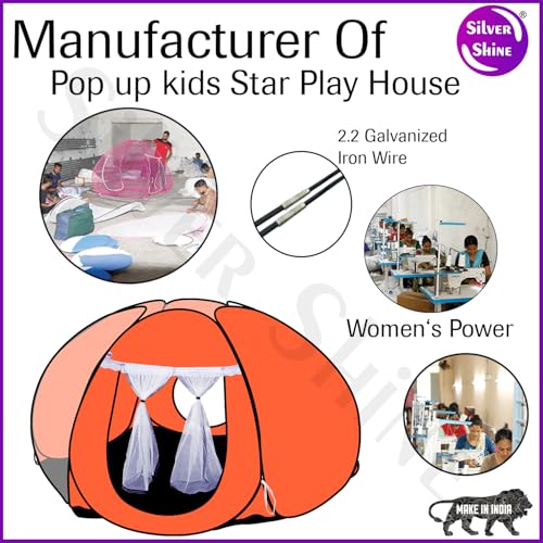 Image of SILVER SHINE Foldable Kids Play Tent House | Pop-Up Playhouse for Boys & Girls (Up to 10 Years) | Multi-Purpose Indoor & Outdoor Tent with Mosquito Net | Fun Orange Theme - Easy Setup & Portable