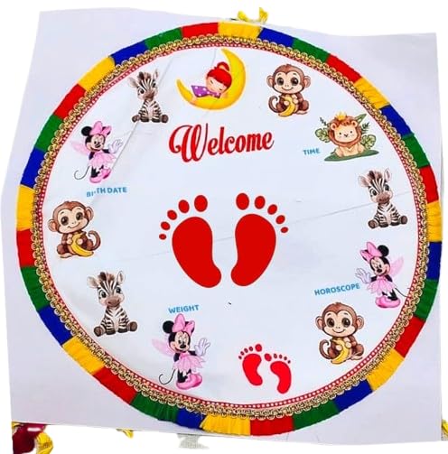 Modern Designer Bride Welcome & Baby Memory Cloth | Kanku Pagla Rumal for Footprint and Handprint Ceremony | Cotton Embroidered Heavy Silk Look Asan with Carry Bag for Gift (Cartoen Welcome)-image-10