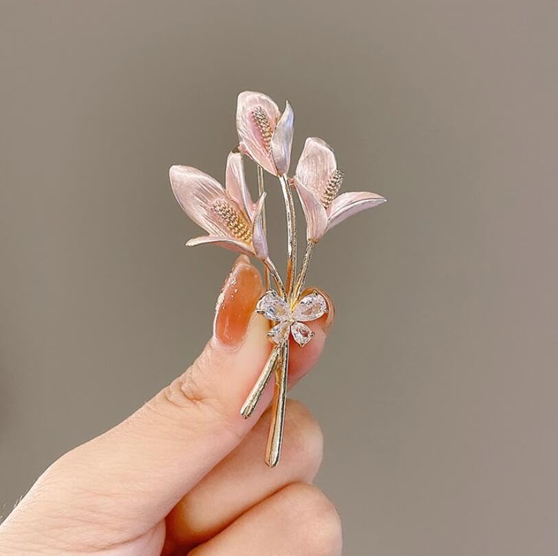 Image of Elegant Pink Lily Flower Brooch Pin for Women - Rhinestone Lily Lapel Pin for Coats, Jackets, and Sweaters