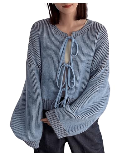 MakeMeChic Women's Long Sleeve Tie Front Cardigan Sweater Ribbed Knit Drop Shoulder Knitted Outerwear