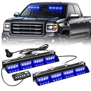 XRIDONSEN Emergency Dash Strobe Lights Safety Flashing Warning Hazard Interior Front/Rear Windshield Deck Split Light Bar w/Suction Cups for Police Ambulance Vehicles Trucksï¼ 2×14 inch, Blue ï¼