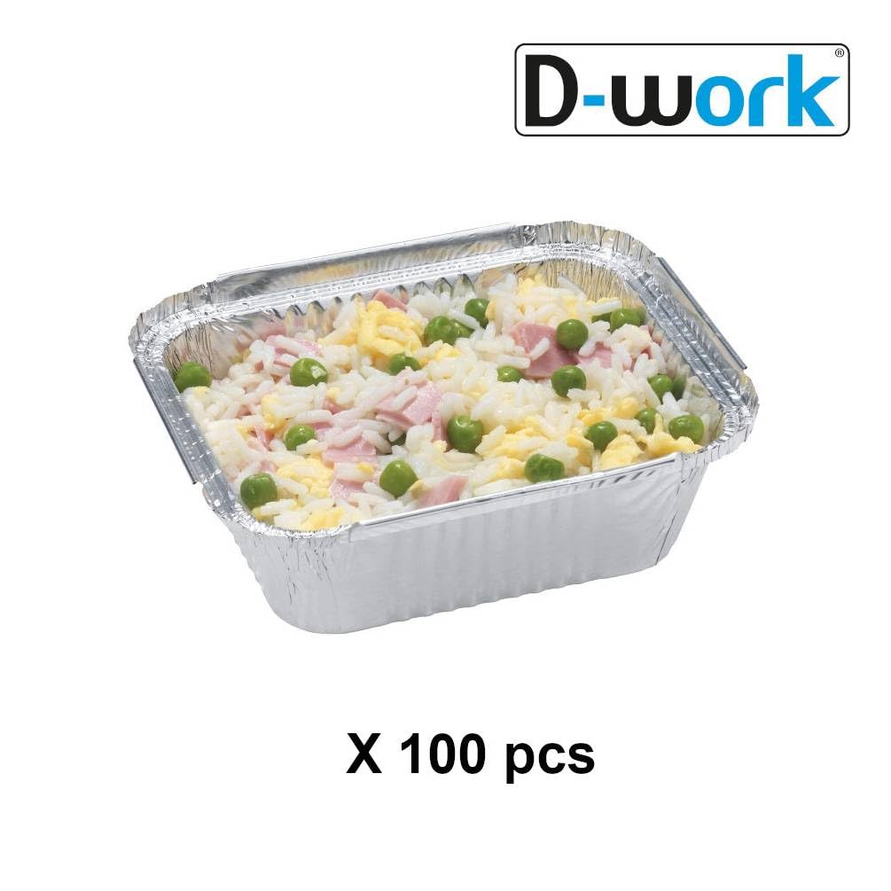100 Barquettes Moules Operculables en Aluminium 450 ml 147 x 122 x 40 mm avec Couvercle en Carton Blanc Alu - D-Work