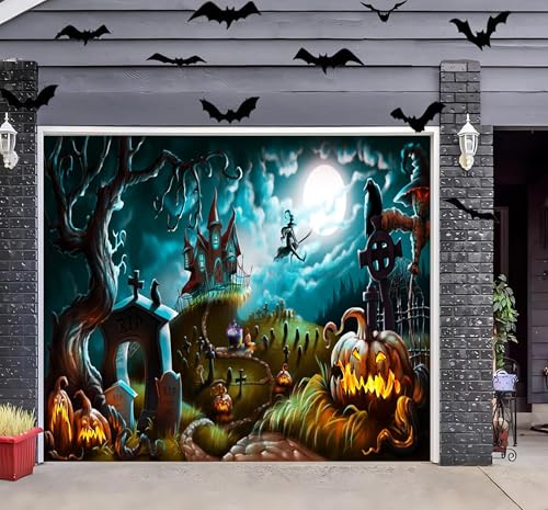 7 x 8 ft Halloween Garage Door Cover Banner Large Halloween Garage Door Decorations Hanging Backdrop Garage Door Mural for Indoor and Outdoor Party
