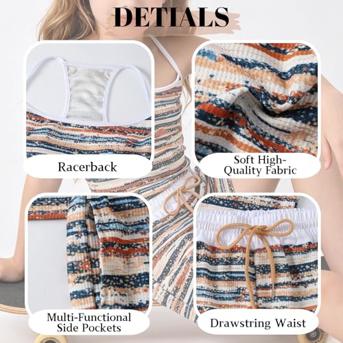 Image of Size 7-14Y Girls Clothes 2 Piece Outfits Striped Tank Top Drawstring Shorts Teen Girls Summer Clothing Sets