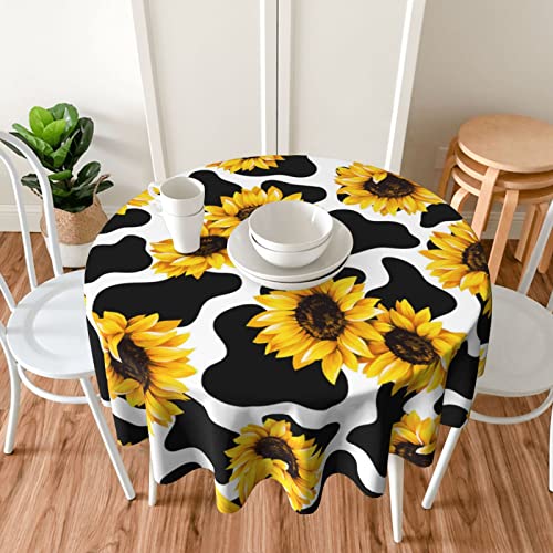 Tiehrpr Sunflower Cow Round Tablecloth 60 Inch Spring,Water Resistant Spill Proof Washable Table Cloth,Table Cover For Dining,Kitchen,Party Holiday #TOP1