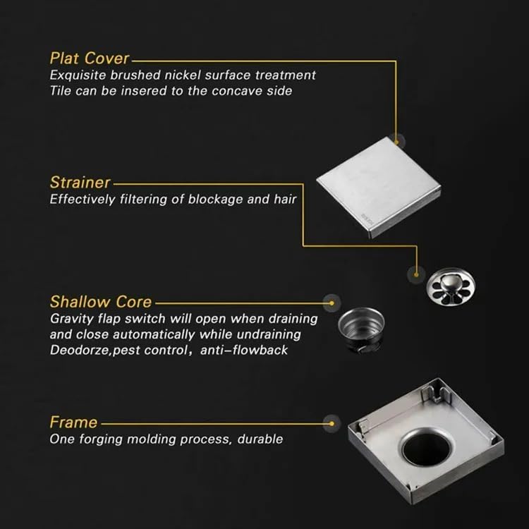 Image of 4 x 4 Inches Tile Insert Floor Drain, 304 Stainless Steel Invisible Shower Drain Channel Waste Water Floor Drain for Tile Channel with Stainless Steel Cockroach Trap