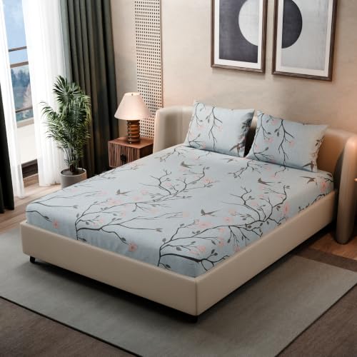 Image of BLISSHOME SoftTouch 140TC Cotton King Size Fitted Bedsheet with 2 Pillow Covers, Silky Smooth Bedding Set, Breathable, Easy Maintain, Floral Print - Grey, Pink (182cm x 198cm x 25cm Drop)