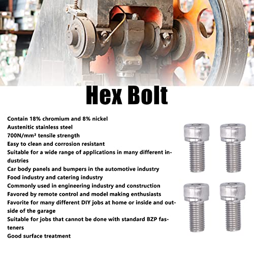 Image of Hex Bolt, 1.25mm Fine Pitch M10 4Pcs Socket Screw Bright Finish -70 Stainless Steel for Construction for DIY Jobs for Automotive Industry(M10*20)
