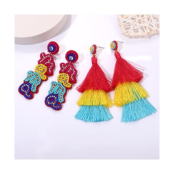 NLCAC 2 Pairs MAMA Earrings Beaded Rhinestone mama Dangling Earrings Bohemian Tiered Tassel Earrings Mom Jewelry Birthday Mothers Day Gifts for Her - Image 4