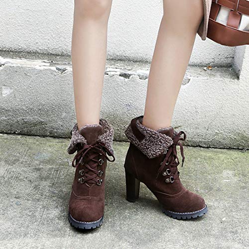 VOKLIN Women's Winter Fur Ankle Boots Lace Up Round Toe Chunky Block High Heel Warm Cuff Dressy Short Booties4