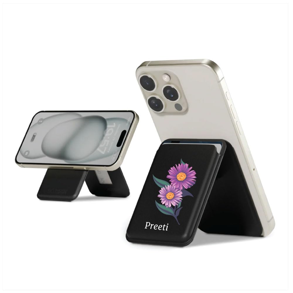 Gingercrush Customised Magnetic Leatherite Phone Wallet - Birth Flowers Personalised Wallet with Kickstand Credit Card Holder for All MagSafe-Compatible iPhones (Black)-image-2