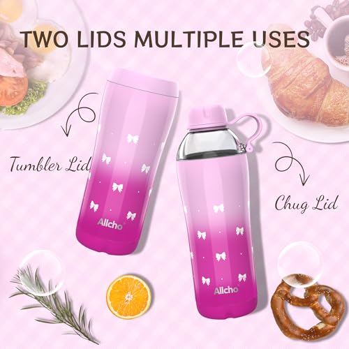 Image of Bow Insulated Water Bottle for Women, 18 oz Stainless Steel Water Bottles, Double Walled, 2 Lids (Chug & Tumbler) - Hydrate & Caffeinate, Available Gift Wrapping