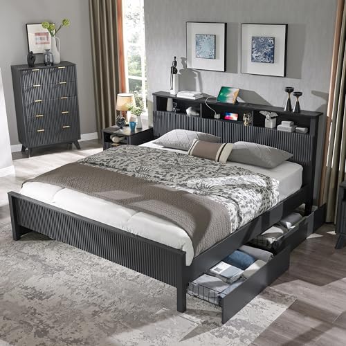T4TREAM Fluted Panel King Bed Frame with Bookcase Headboard & Charging Station, Modern Wood Platform Bed with 4 Drawers, Wood Slats Support, Noise Free, No Box Spring Needed, Dark Grey