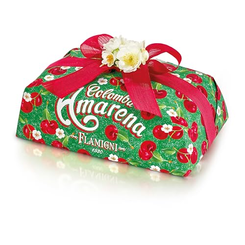 FLAMIGNI Colomba Pasquale all’Amarena de 1 kg, sin cítricos confitados, levadura natural, masa suave y aromática enriquecida con cerezas amargas Toschi, fabricada en Italia
