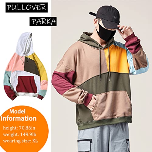 Moshtashio Men's Hoodie Color Block Drawstring Hooded Pullover Novelty Long Sleeve Sweatshirt (3X-Large, Khaki) #TOP6