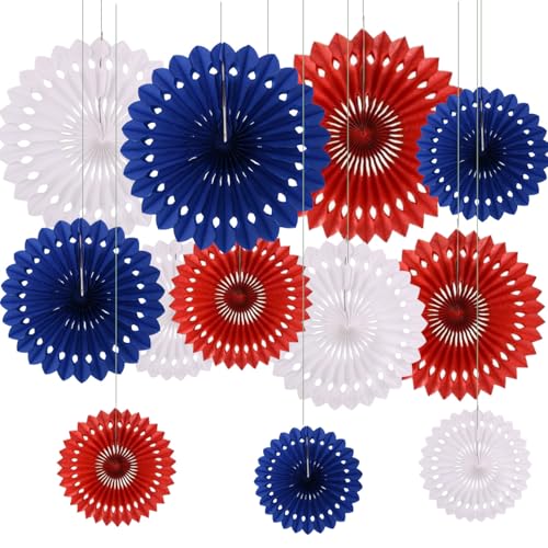 CC wonderland zone 12PCS Red Blue and White Paper Fans Party Decorations Hanging Ceiling Honeycomb Round Tissue Paper Fans for 4th of July Decorations Memorial Day Veterans Day Party Decorations