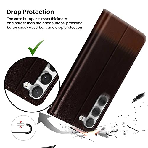 Image of FLIPPED Vegan Leather Flip Case Back Cover for Samsung Galaxy S23 5G (Flexible, Shock Proof | Hand Stitched Leather Finish | Card Pockets Wallet & Stand | Coffee with Brown)