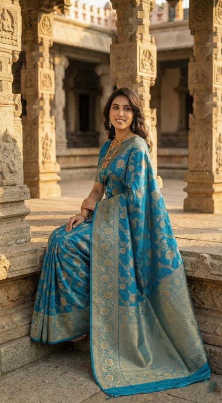 Image of C J Enterprise Women's Pure Soft Silk Saree With Blouse Piece For Wedding (Veil)