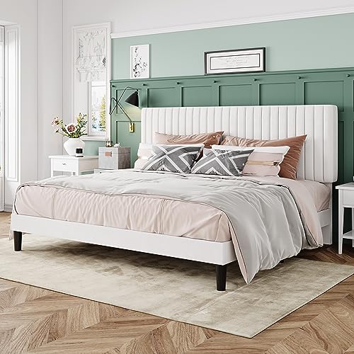 Image of Allewie King Bed Frame, Velvet Upholstered Platform Bed with Adjustable Vertical Channel Tufted Headboard, Mattress Foundation with Strong Wooden Slats, Box Spring Optional, Easy Assembly, Off-White