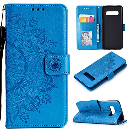 Eyzutak Mandala Phone Cover For Samsung Galaxy S10 Plus, Ultra Slim Flip Case With Card Slot Magnetic Closure Embossing Premium Pu Leather Case With Stand Function And Lanyard, Foldable Motif-Blue #TOP3