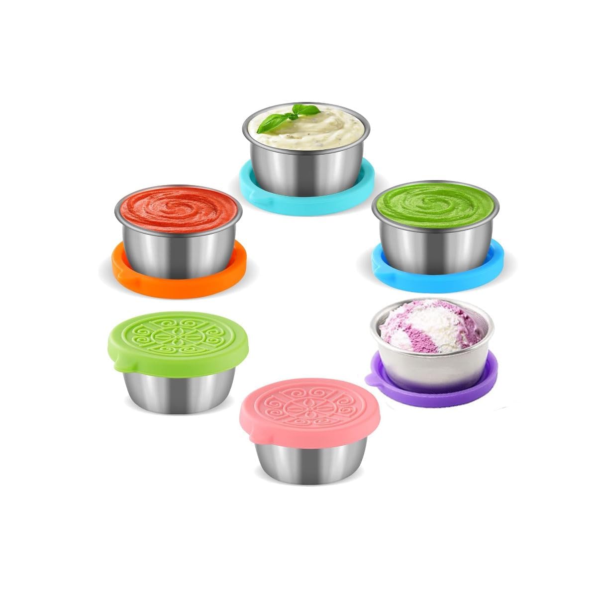 6 Pcs Salad Dressing Container - with Lids 1.6oz Reusable Stainless Steel Sauce Cups, Leakproof Silicone Lids for Bento Box, Picnic