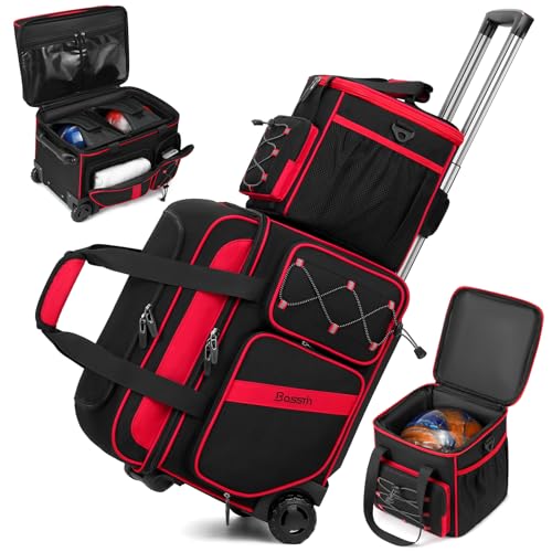 3 Ball Bowling Bag with Wheels, 2 Ball Bowling Bags Double Roller with 1 Ball Add On Bag, Multi-Pockets & Shoe Compartment (Fits Up to Size 15), Red