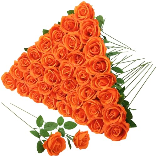 Hoemwarm 36 Pcs Orange Artificial Roses with Long Stems