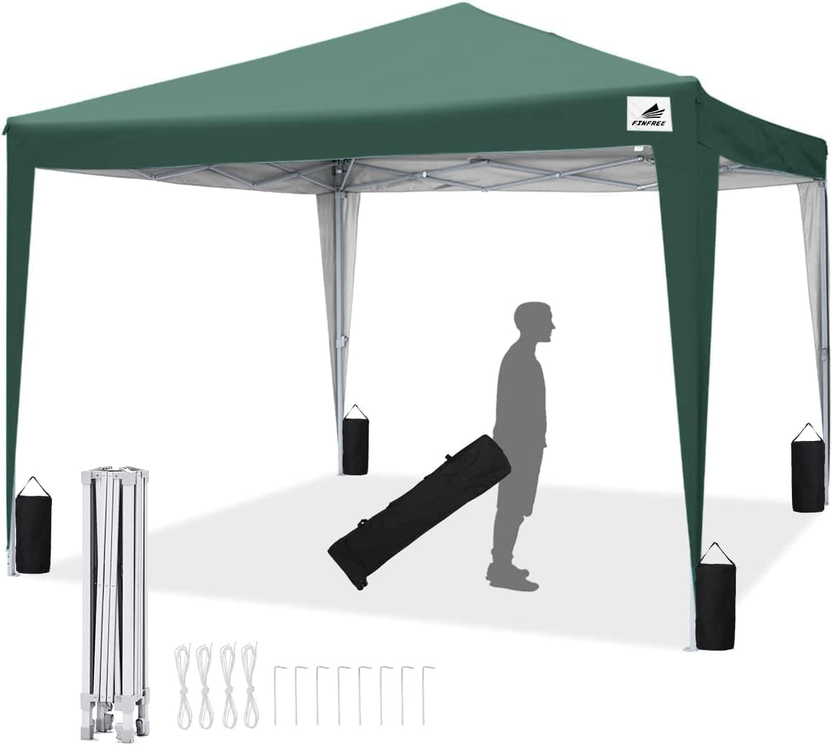 Finfree 3 x 3 cm Folding Gazebo with Roll Bag, 4 Sandbags, Party Tent for Garden Green