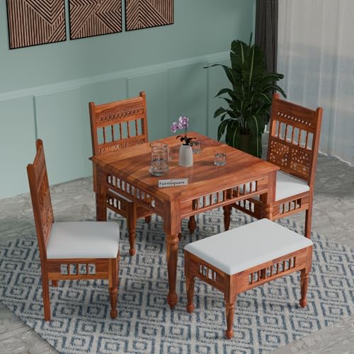 Image of Dining Table 4 Seater | Solid Sheesham Wood Four Seater Dinning Table Set with 3 Cushioned Chairs & 1 Bench | Rectangular Dinner Table for Home, Kitchen & Living Room | Natural Finish