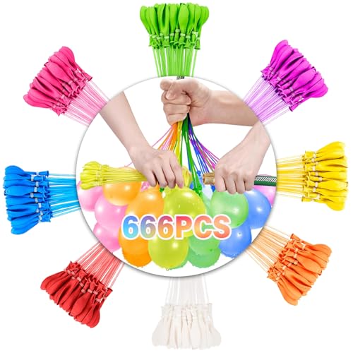 666 bombas de agua con cierre automático, paquete de bombas de agua reutilizables con 4 conexiones de grifo, llenado rápido en 60 segundos, globos de agua coloridos para playas, fiestas en la piscina,