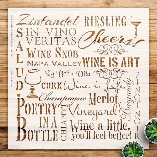 Wine Stencil Pattern for Walls and Crafts, Reusable Mylar Template, Tuscan Word Art Design, Ideal for Home Decor and Painting Projects - Size A4 (8.5