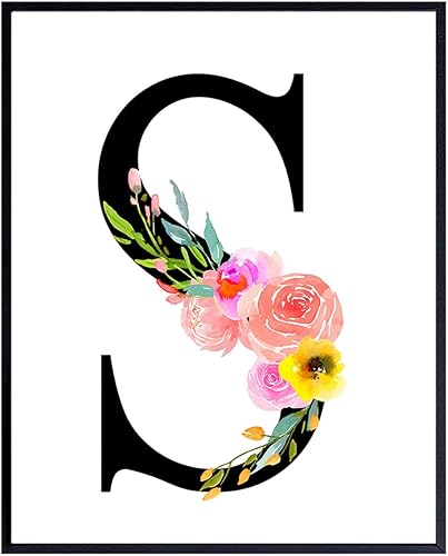 Decoración de pared con monograma inicial de letra S, arte del alfabeto floral, decoración del hogar para dormitorio, sala de estar, baño, oficina,