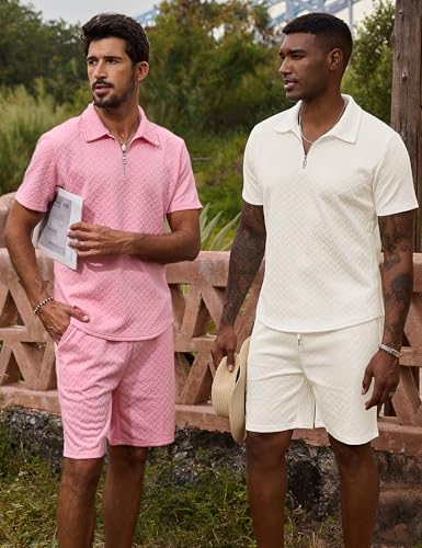 Image of URRU Mens Textured Polo Shirt and Shorts Sets Outfits 2 Piece Summer Tracksuits Casual Quarter Zip Golf Polo Shirts