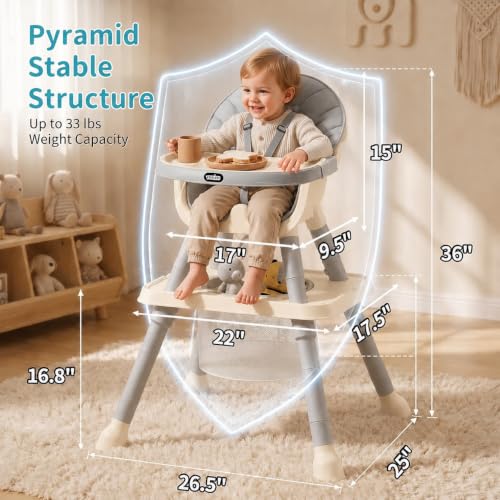 Image of 9-in-1 Convertible Baby High Chair for 6 Months to 8 Years, Grow-with-Me Highchair for Toddlers and Infants with 5-Point Safety Harness, Lockable Wheels, Adjustable Removable Tray, BPA-Free (Grey)