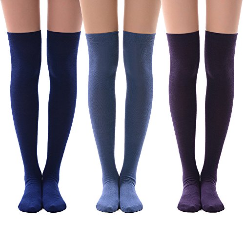 Women's Long Cotton Socks, MEIKAN Womens Over Knee Leg Warmer Crochet Purple Navy Blue Thigh High Boot Socks Girls Leggings 3 Pairs (Purper,Navy Blue,Royal Blue)