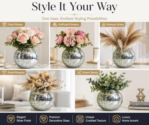 Image of Decorative Crackle Glass Flower Vase for Home Decor, Silver Mercury Glass Vase for Fresh & Artificial Flowers, Modern Centerpiece for Living Room, Dining Table, Office & Gifting