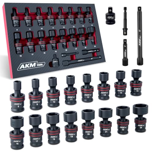 AKM TOOL 3/8 Drive Universal Impact Socket Set 20 Piece Swivel Socket Set Universal Joint Socket 6-Point Metric 8-24mm Cr-Mo with Extension Bars Socket Adapter Drill Bit Adapter