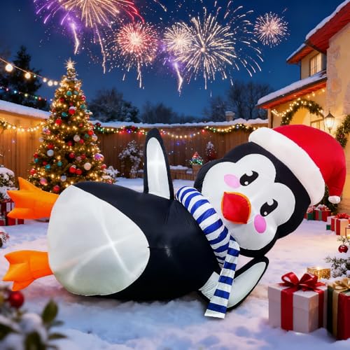10Ft Christmas Inflatables Outdoor Decoration Inflatable Penguin with Scarf Laying Down Christmas Blow Ups Yard Decoration for Garden Lawn Home Xmas Holiday Season Decor
