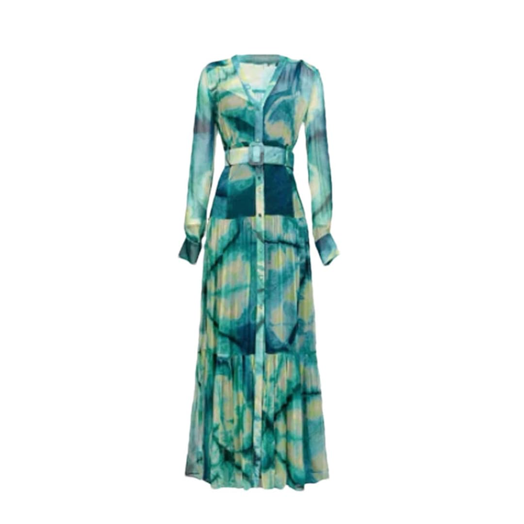 Pulcykp Vestido largo midi de manga larga con cuello en V y estampado floral para mujer