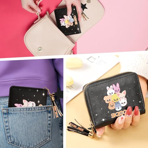 Stray Schwarz Mädchen Geldbeutel für Stay, Stray PU Leder Portmonee mit Reißverschluss und Stern Anhänger, Skzoo Kinder Portemonnaie mit 1 SKZ 3D Aufkleber und 2 SKZ Photocard