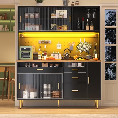Raeln aparador Negro Tablero Perforado Puertas correderas Cristales alacena despensa cajones Botellas Patas metalicas armarios Cocina estantes Muebles auxiliares comedores pasillos