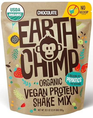 EarthChimp Organic Vegan Protein Powder - with Probiotics - Non GMO, Dairy Free, Non Whey, Plant Based Protein Powder for Women and Men, Gluten Free - 26 Servings 32 Oz (Chocolate) No Scoop