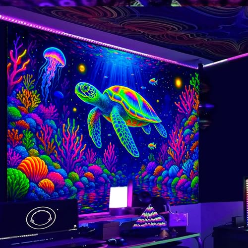 Image of Nuxovilar Sea Turtle Wall Tapestry Polyester 78.74x59.05 In | Glow Poster Trippy Wall Art Ocean Decor UV Backdrop Living Room Bedroom Lounge Space Room (Sea Turtle Reef)