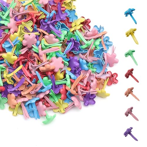 FINELYCR 200 Pièces Attaches Parisiennes avec Tête Forme Fleur, 7 x 10 mm mm Mini Pinces à Motif, Coloré Mini Attaches en Métal, Ouverture et Fermeture...