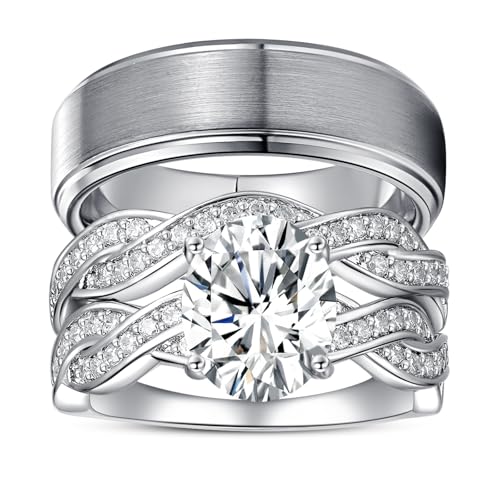 3PCS Wedding Rings for Him and Her,Promise Rings for Couples Men's Tungsten Band & White Gold Plated 4CT Bridal Set with Oval Cut Cubic Zirconia, Solitaire, Infinity Knot Engagement Ring, Promise Rings Couples