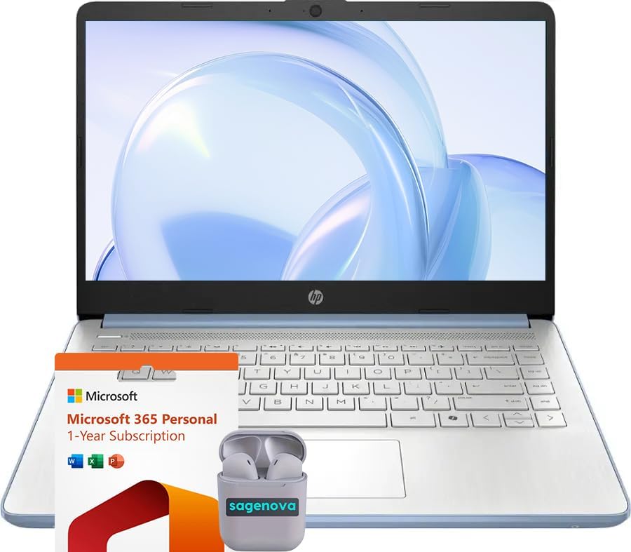 HP 14″ HD Business & Student Laptop Computer, 16GB RAM 640GB Storage (128GB UFS + 512GB SD Card), Windows 11 S with 1-Year Microsoft Office 365, Intel N150, SageNova Earphones, Sky Blue