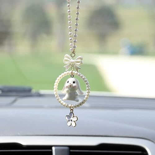 Accesorios colgantes de conejo para espejo de automóvil, bonitos dijes para espejo retrovisor, conejo, perla, accesorios interiores de automóvil,