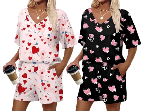 Ekouaer 2 Pack Womens Pajamas Set Summer Printed Pjs Short Sleeve Sleepwear V Neck Pj Shorts Set Loungewear Black Heart/Pink Heart S