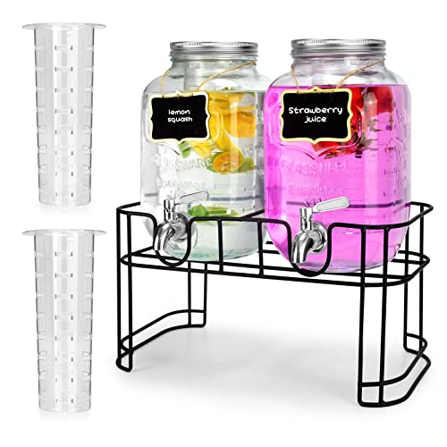 1 Gallon Glass Drink Dispensers For Parties 2PACK.Beverage Dispenser?Drink Dispenser With Stand And Stainless Steel Spigot 100% Leakproof.Glass Drink Dispenser With Ice Cylinder. Lemonade